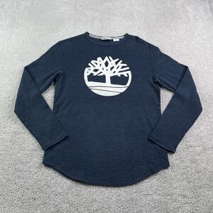 Timberland Shirt Mens Medium Blue Thermal Crewneck Slim Fit Chenille Patch Logo